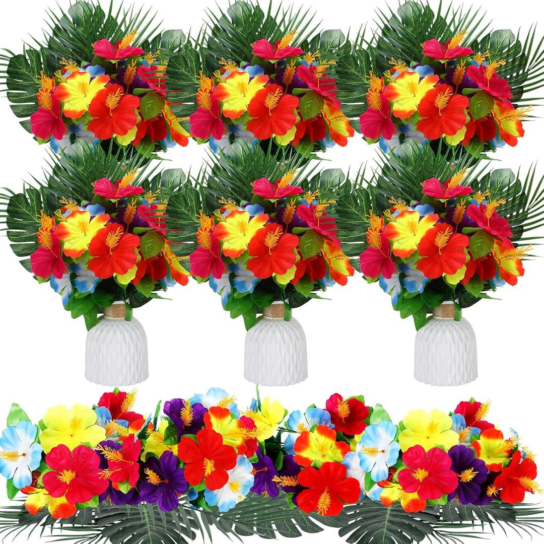 Hotop 30 Pcs Hawaiian Flower Centerpieces for Tables with Artificial Hibiscus Flowers and Artificial Palm Leaves Hawaiian Party Decorations Fake Tropical Flowers for Wedding Birthday Supplies