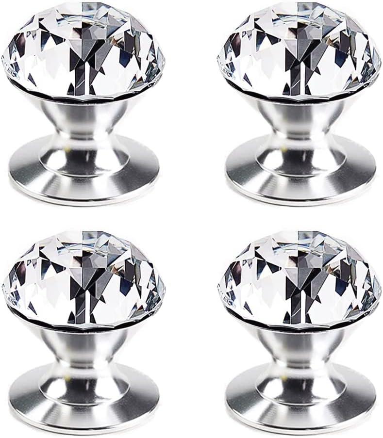 4 Pcs Crystal Self Stick Knobs Aluminum Self Adhesive Handle Pull Stick On Handle Removable Replacement Knob for Cabinet Mirror Cupboard Window Glass Sliding Door Drawer Clear Crystal Knob (4)