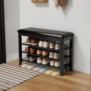 AQIMUELE Shoe Bench with Leather Cushion, 3 Tiers Shoe Storage Bench Height Adjustable, Walnut Wood Entryway Bench for Hallway, Mudroom, 31.5"