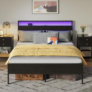 Rolanstar Full Bed Frame with Headboard, Bed Frame Full with LED Lights, Camas Full Size Bed with Charging Station, Solid Metal Slats, Noise Free, No Box Spring Needed, Black