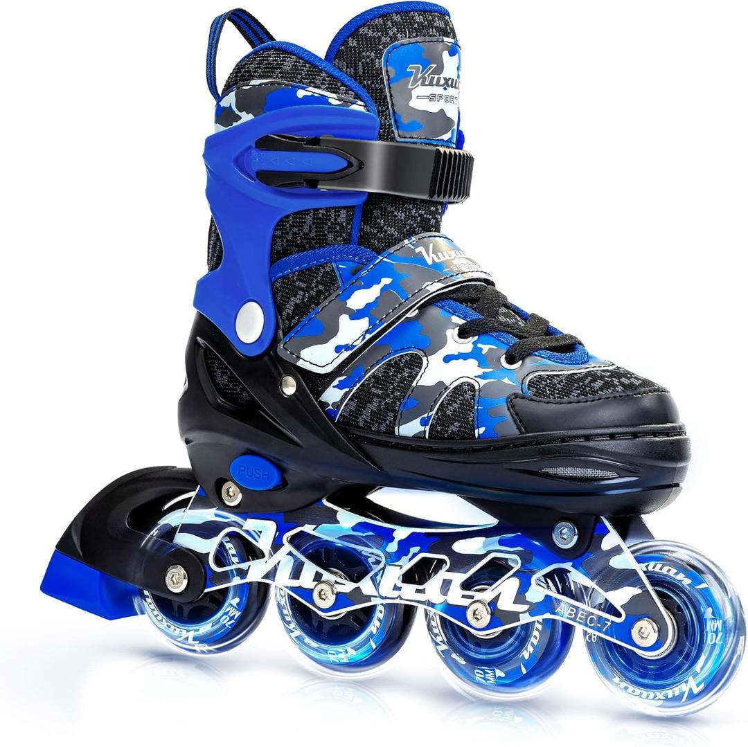 Kuxuan Boys Adjustable Inline Skates with Light up Wheels, Fun Illuminating Skates for Kids Girls Youth (Large(Kids 3-6 US), Black Came)