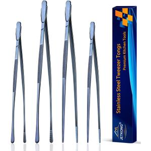 JETKONG 4 Pcs Kitchen Tweezers, 12'' and 10'' Stainless Steel Cooking Tweezers Set, High-Precision Tweezers Tongs for Cooking, Repairing, Seafood and BBQ (Blue)