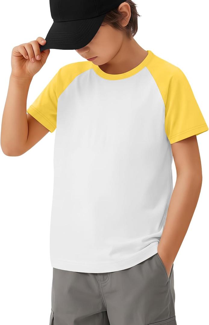Yooo's Vivi Boys Baseball Tops | Baseball Tops, Crew Neck, Raglan Tees, Short Sleeve, Color-Block, Back to School, Basic, for Boys 5-14Y, Summer, Jersey (White)