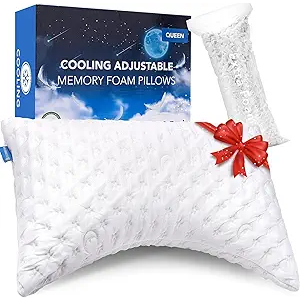 Cooling Side Sleeper Pillow for Neck and Shoulder Pain, Luxury Shredded Memory Foam Curved Bed Pillows for Sleeping Set of 1- Adjustable Queen Size- Washable Cover Crescent White