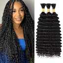28 Inch Color #1B Deep Wave Human Braiding Hair for Boho Braids 150g Natural Black Deep Wave Bulk Human Hair for Braiding Natural Color