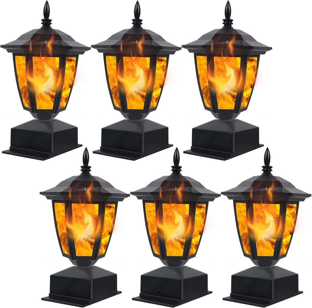 Dynaming Solar Flame Post Lights Outdoor, Solar Powered Lamps Fence Post Cap Lights, Flickering Flame LED Lantern Decorative Waterproof for Garden Deck Patio, Fit 4x4, 5x5 or 6x6 Wooden Posts, 6 Pack (Black)