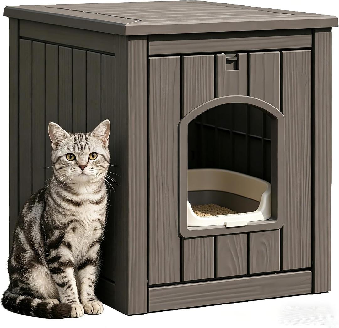 Cat Litter Box Enclosure, Multi-Functional Enclosed Cat Litter Box Furniture, Outdoor Cat House Weatherproof, Openable Front Door & Raised Floor, Easy to Clean & Assemble, Grey