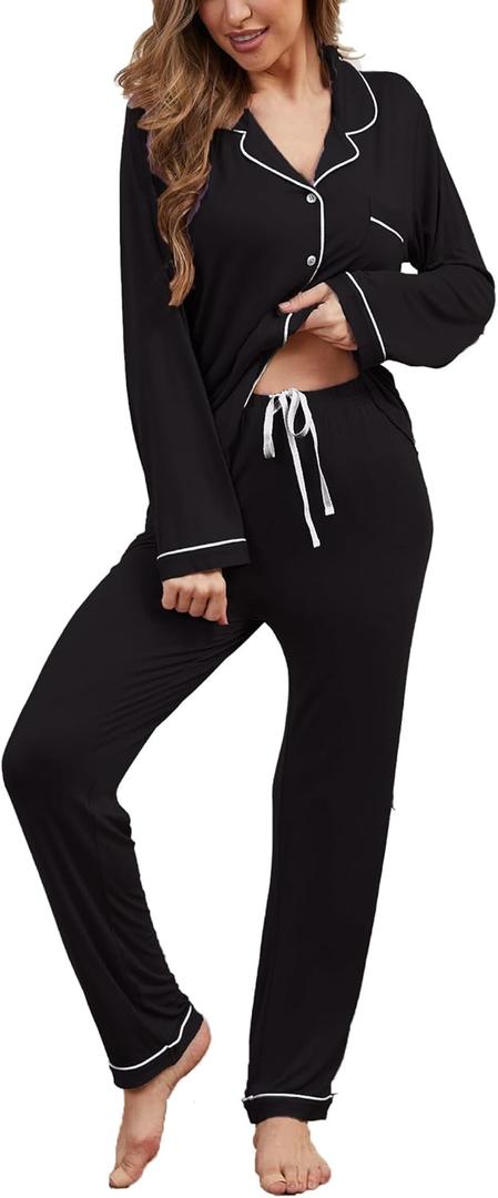 Button Up Pajamas for Women Long Sleeve Sleepwear Soft Loungewear Ladies Pjs Set XS-XXL (Black, M)