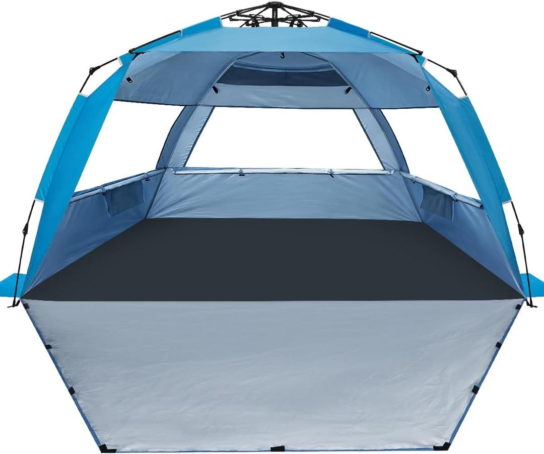 WhiteFang Deluxe Pop Up Beach Tent Sun Shade Shelter for 3-4 Person, UV Protection, Extendable Floor with 3 Ventilating Windows Plus Carrying Bag, Stakes, and Guy Lines, XL