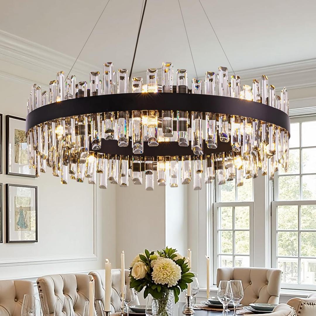 Modern Crystal Chandelier for Dining Room,16-Light Black Round Chandelier, 31.5-inch K9 Crystal Raindrop Ceiling Light, Luxury Flush Mount Light Fixture for Kitchen Living Room