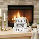 Christian Table Centerpiece Decor, 4 pcs Rustic Wooden Stacked Blocks with Faith Hope Love Signs, Wood Bead & Jute Tassel, Tiered Tray Decor for Home Office Mantle Living Room, Gifts for Christians