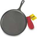 Lodge Cast Iron Round Griddle with Red Silicone Hot Handle Holder, 10.5-inch