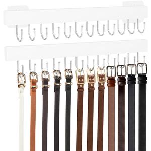 Belt Hanger Wall Mount, Adhesive Wooden Closet Belt Organizer with 24 Metal Hooks, Large Capacity, 2 Installation Options, White, 2 Pcs