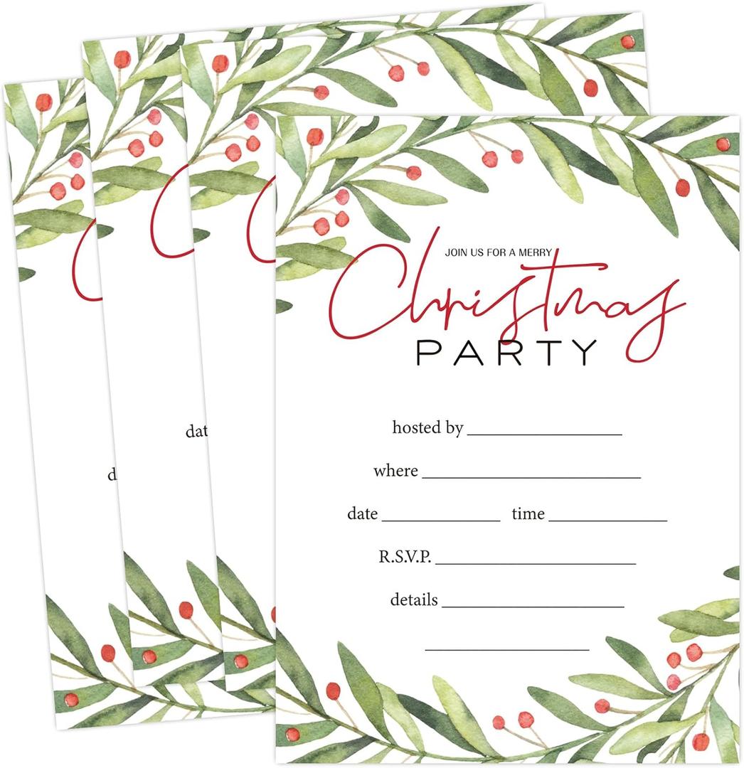 3 x Whaline 25 Pack Christmas Party Invitation Cards Holly Greenery Watercolor Leaves&Berries Invitation Paper Cards with Envelopes Xmas Holiday Party Invites