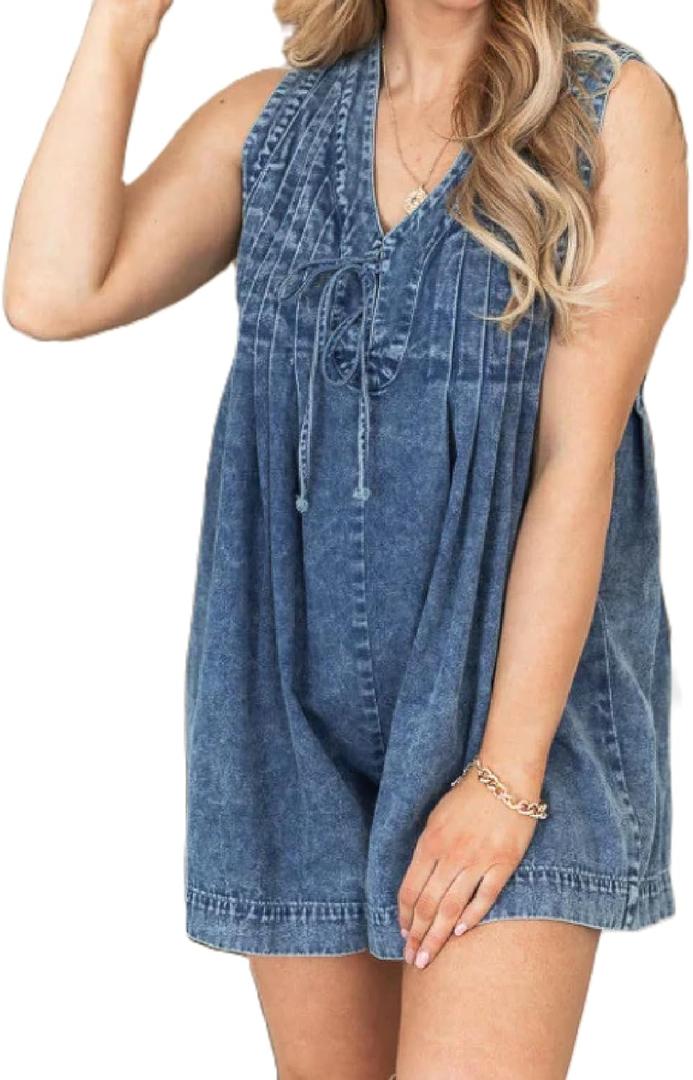 Bowanadacles Women Summer Sleeveless Shorts Denim Jumpsuit Loose Tie Up Pleated Romper Casual Deep V Neck One Piece Outfits (Medium, Blue)