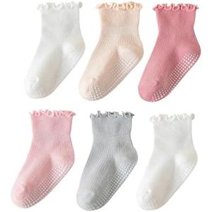 ANYANIME 6 Pairs Toddler Ruffle Socks for Girls - Baby Grip Socks with Non-Slip, Cute Grippy Frilly Design