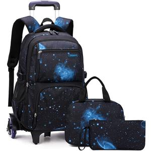 3Pcs Galaxy Boys Rolling Backpack Set with Lunch Bag, Galaxy Print Kids Backpack for Boys with Wheels