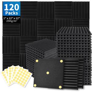 Focusound 120 Pack Acoustic Foam Panels 1" x 12" x 12" Sound Proof Foam Panels Soundproofing Noise Cancelling Wedge Panels for Home Office Recoding Studio with 600 PCS Double-Side Adhesive