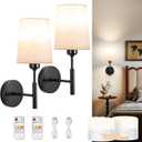Wall Sconces Battery Operated, Battery Operated Wall Sconce with 13000mAh Magnetic Bulbs and Remotes, Rechargeable Wall Sconce Set of 2, Wireless Black Wall Lamp/Lights for Bedroom, Linen