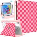 Uppuppy for iPad mini 7/6 Case - for iPad mini 6th/7th Generation Cases Women Cute Folio Cover with Pencil Holder Girls Girly Pretty Checkered Rotating Stand for Apple Mini 6/A17 Pro Case 8.3 Inch
