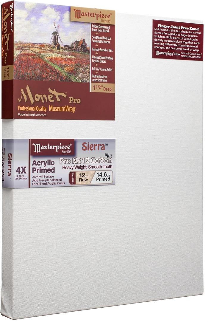 Masterpiece ZSME-2228 Monet Pro 1.5" Deep Cotton 14.6oz Sierra Heavy Weight Medium Tooth Stretched Artist Canvas 22" x 28" 3 Pack