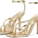 Elisabet Tang Womens Square Toe Heeled Sandals,4.3 inch Square Toe Thong Strappy Ankle Strap Stiletto Heel Sandals Wedding Dress Party Shoes, 10