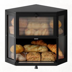 WOWLIVE Corner Bread Box for Kitchen Countertop, Double Layer Bamboo Bread Storage Container, Large Farmhouse Bread box with Acrylic Wavy Door Panel, Under Cabinet Organizer (Black, Medium)