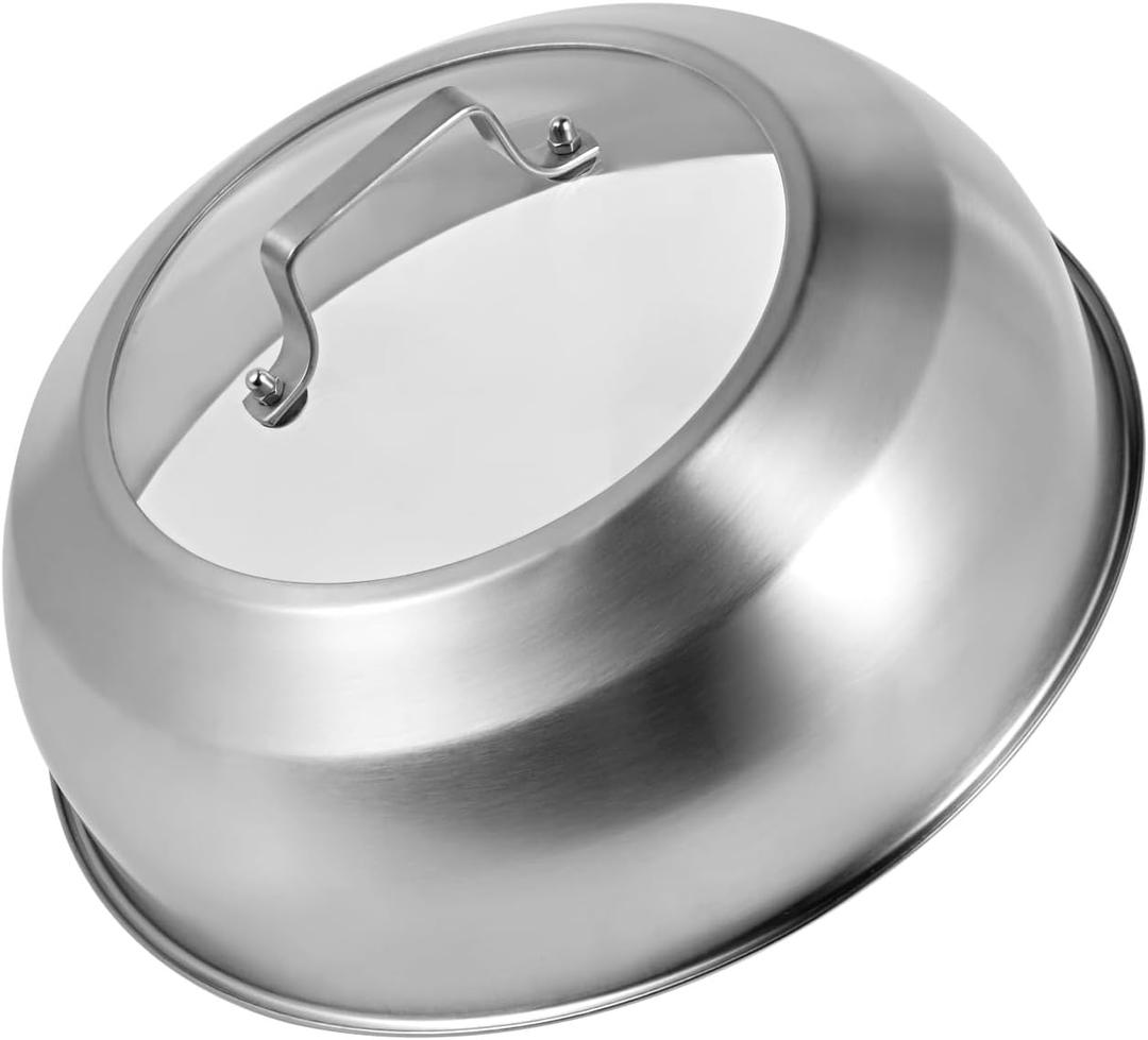 13.5 Inch Stainless Steel Basting Cover, Melting Dome for Griddle Cooking, Round Steaming Cover Lid with Tempered Glass Top and Steam Holes, Dishwasher Safe (13.5")