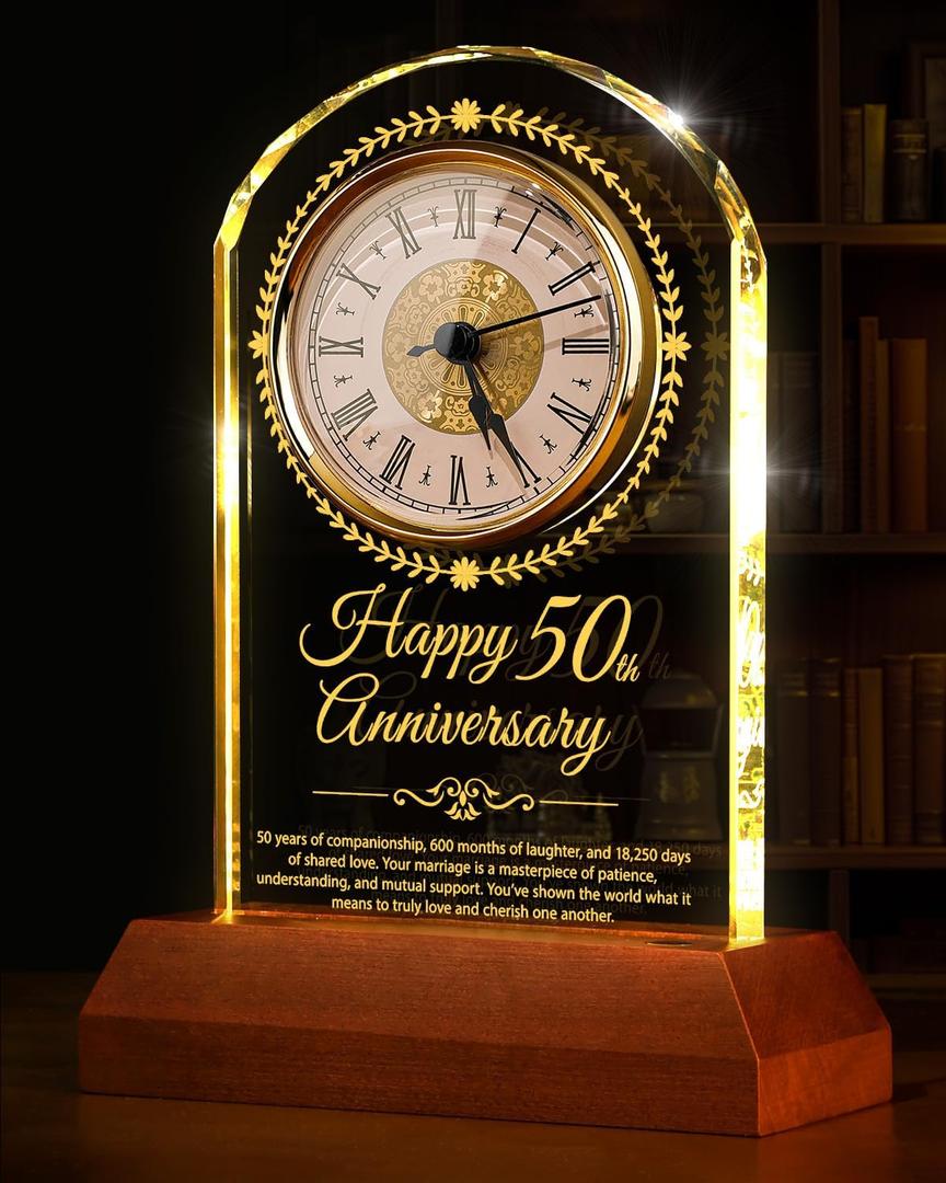 50th Wedding Anniversary Crystal Quartz Clock with Wooden Light Base,50 Years of Marriage Gift,Happy Golden Anniversary Decoration Gift,for Parents,Grandparents,Couple