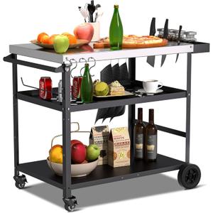 Spurgehom Outdoor Grill Cart, Pizza Oven Stand Table with Wheels Dining Cart for Outside Patio, Movable Kitchen Cooking Prep Table BBQ Cart with Mesh Racks for Home Party, Bar, Camping (Three-Shelf Stainless Steel Top)