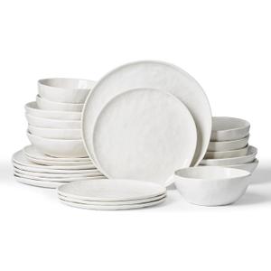 Famiware Porcelain kitchen plates and bowls set, Modern dishes set for 6, Handmade Wave Edge Dinnerware Sets, Microwave and Dishwasher Safe Tableware, Polar White (24pc)
