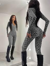 Women's Leopard Print Jumpsuit Long Sleeve, Black, Size S