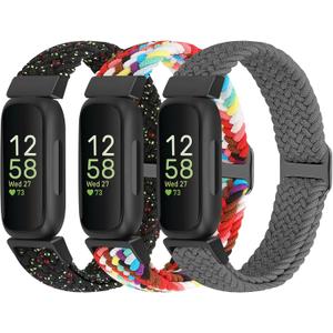 WolliLe Braided Watch Bands Compatible with Fitbit Inspire 3/Inspire 2/Inspire/Inspire HR/Fitbit ace 3/Ace 2, Soft Adjustable Nylon Loop Elastic Strap Sport Replacement Wristbands for Women Men (Starlight Black+Official Rainbow+Space Gray)