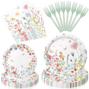 96 Pieces Spring Wildflower Floral Tableware Set Garden Flower Disposable Plates, Napkins for Spring Birthday, Bridal Shower, Tea Party, and Mothers Day Celebrations Serves 24 Guests