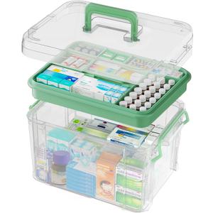 15QT Clear Medicine Organizer Box with Handle, Plastic Medicine Container with Tray First Aid Box Empty, Thickened Medicine Storage Organizer Multipurpose Medication Organizer Storage (Transparent)