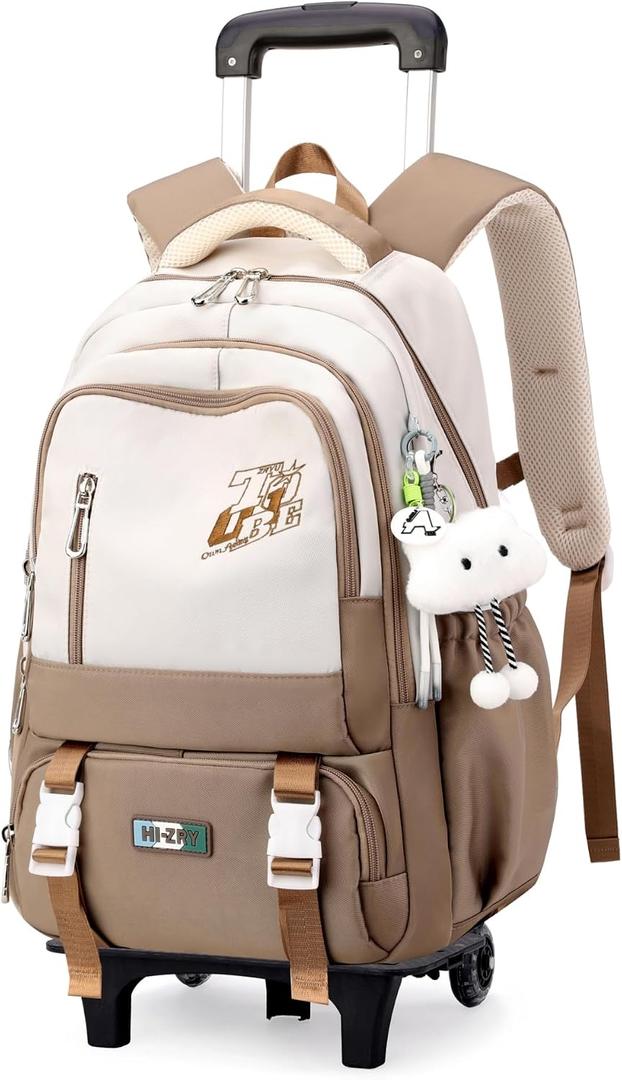 Girls Boys Rolling Backpack, Elementary Middle School Kids Bookbag Roller Backpack for Boys Girls with 2 Wheels, Khaki