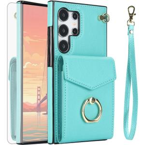 Asuwish Phone Case for Samsung Galaxy S24 Ultra 5G Wallet Cover with Tempered Glass Screen Protector and RFID Blocking Ring Credit Card Holder Cell Accessories S24Ultra 24S S 24 24Ultra Women Men Teal