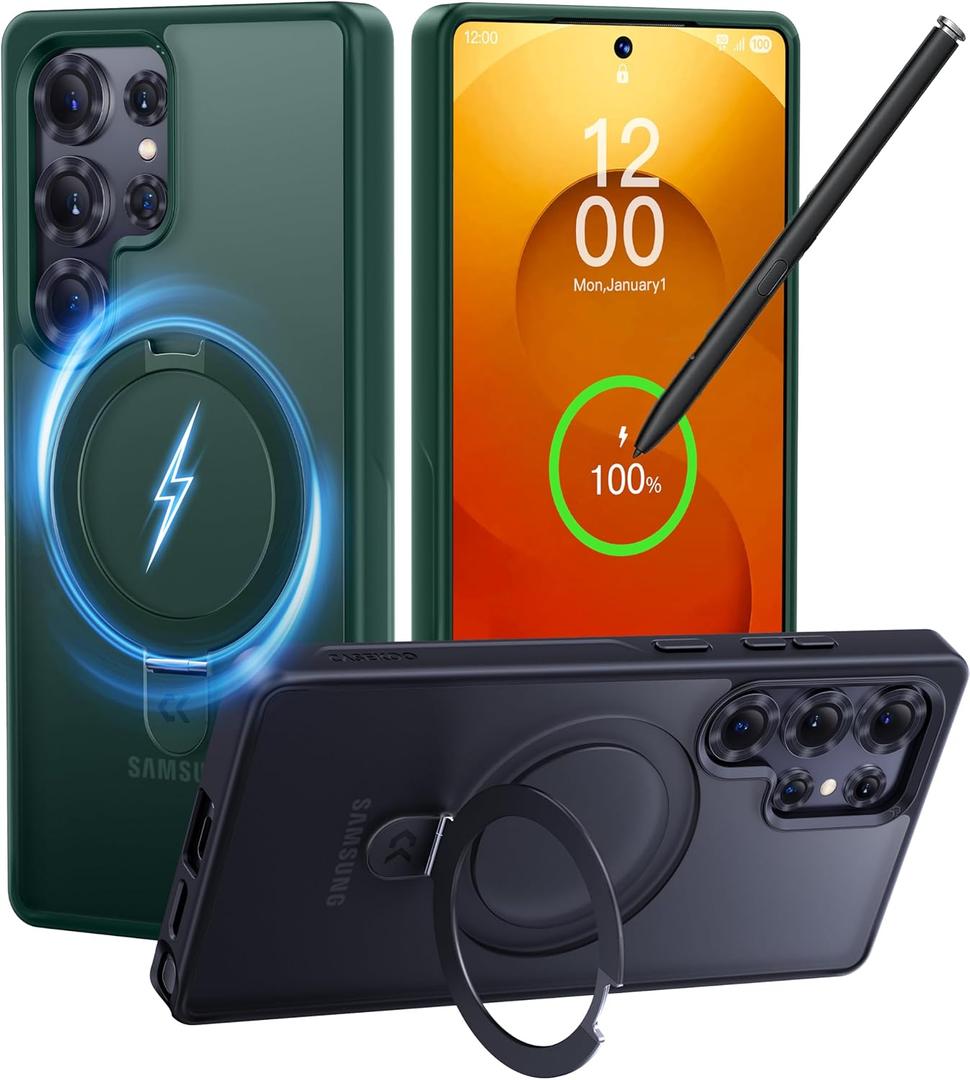 CASEKOO World's First 3-in-1 Magnetic Ring Stand for Samsung Galaxy S25 Ultra case | Patented Design, 16FT Military Drop Protection, Magsafe Compatible | Slim Matte Translucent Cover 6.9" 2025, Green