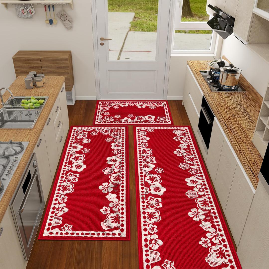 Kitchen Rugs Set of 3, Japanese Cherry Blossom Kitchen Mats for Floor Nylon TPR Non-Slip Washable Sink & Standing Mats Absorbent Resist Dirt Kitchen Runner Floral Rug (Red, 20"x59"+20"x47"+20"x32")