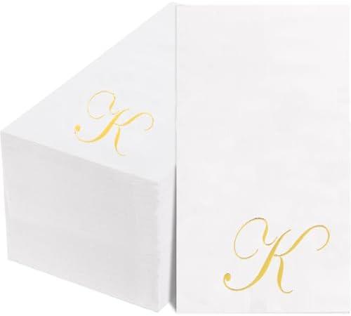 BUCLA 200PCS Gold Monogram Paper Napkins Letter K - Disposable Paper Napkins Elegant Metallic Golden Foil Gold Paper Napkin for Wedding, Birthday Party&Thanksgiving