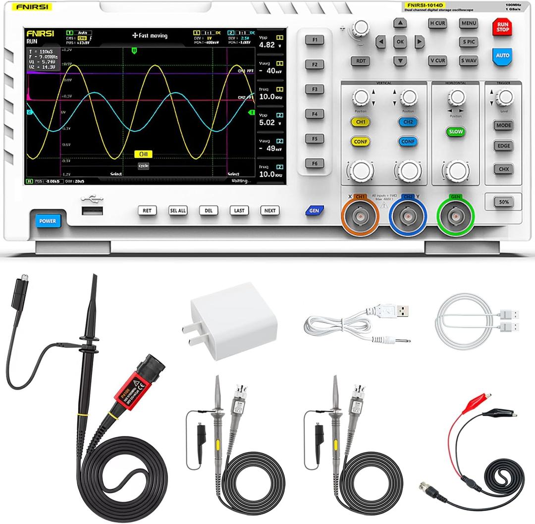 FNIRSI 1014D Oscilloscope 2 in 1 Digital Oscilloscope DDS Signal Generator, 100X High Voltage Probe, 2 Channels 100Mhz Bandwidth 1GSa/s Sampling Rate Built-in 1GB Storage Space