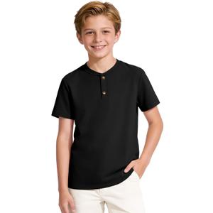 Auranso Boys Henley Shirts Short Sleeve Kids Cotton Button Front T-Shirts Summer Tops Tees (11-12 Years, Black)