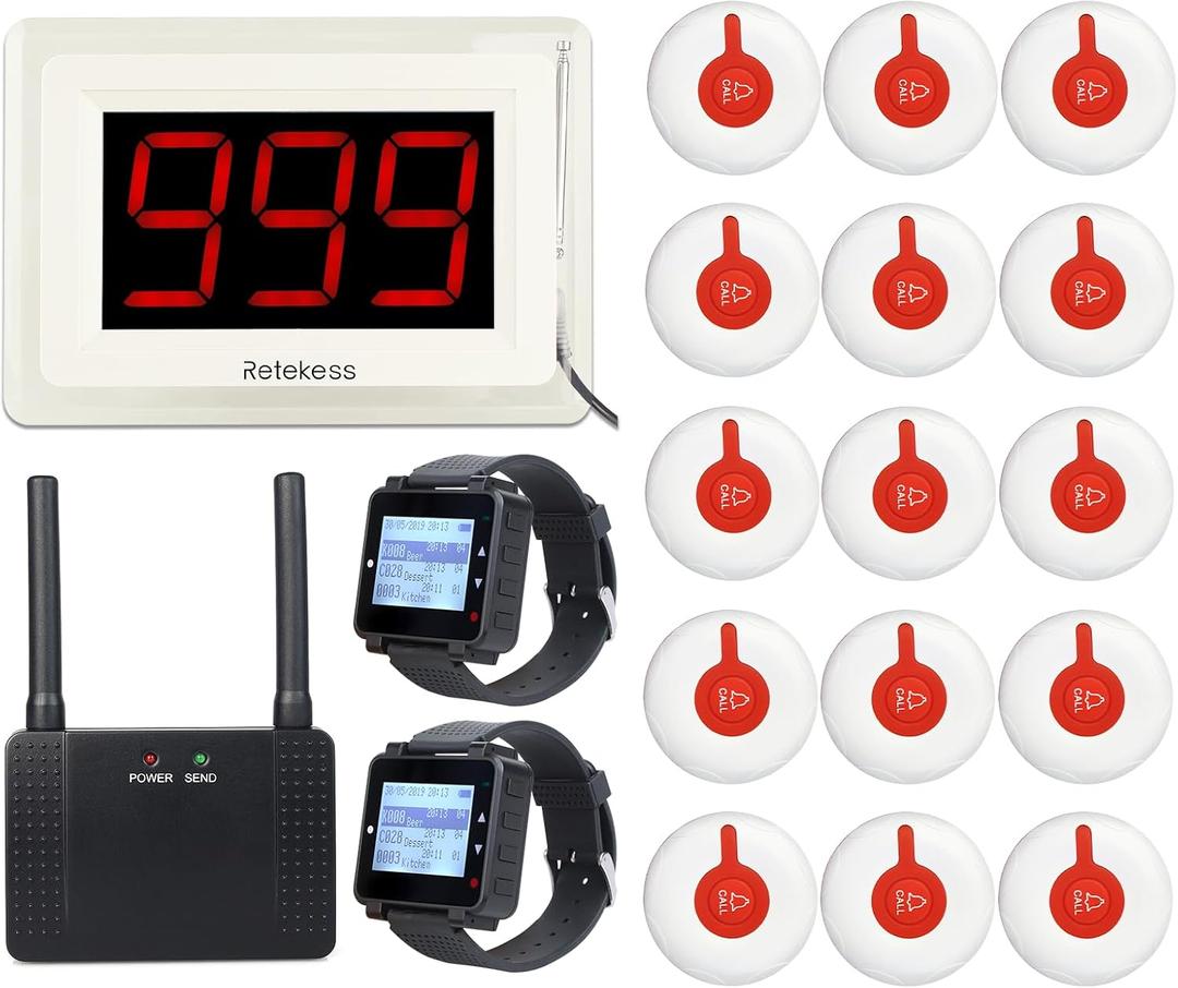 Retekess T114 Restaurant Pager, Wireless Calling System, 984ft, 6 Voice Broadcast, Max 999, Extend Range, 2 Retekess T128 Watch Receiver, 15 Alert Call Buttons for Restaurant, Hotel