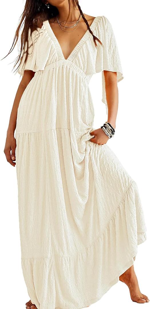 Kikibell Women Summer Dresses Sexy V-Neck Maxi Dress Tiered Silhouette with Flutter Sleeve Backless Elastic Waist Flowy Dress (Beige, XS) Kikibell Women Summer Dresses Sexy V-Neck Maxi Dress Tiered Silhouette with Flutter Sleeve Backless Elastic Waist Flowy Dress (Beige, XS)