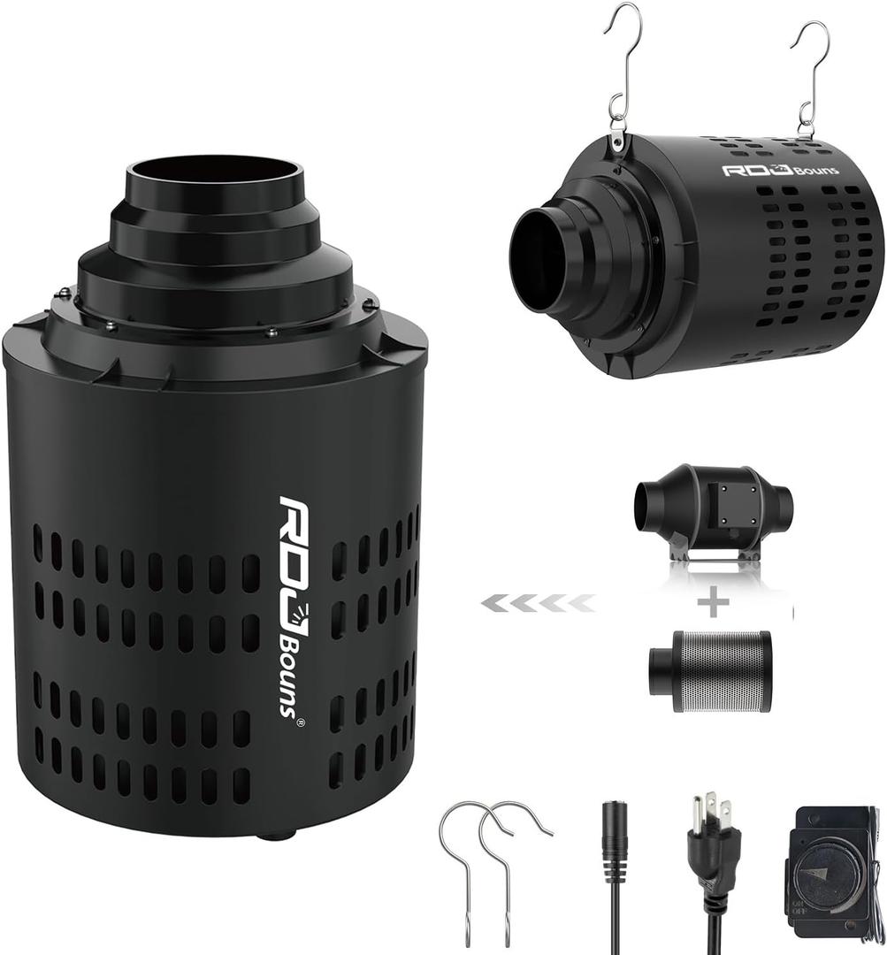 RDJ Bouns Inline Fan with Carbon Filter Kit, Compatible with 4"/5"/6" Ducts,10 Speed ​​Control Recyclable Carbon Filtration, Quiet, Grow Tent, Hydroponics, Indoor Gardening, Pet Room