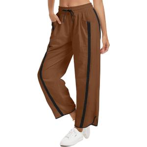 Women's Wide Leg Track Pants Baggy Drawstring High Rise Side Striped Casual Lightweight Parachute Pants with Pockets (Brown, L)