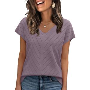 WIHOLL Short Sleeve Sweater for Women V Neck Trendy Summer Tops 2026 Beach Vacation Clothes Travel Business Casual Outfits (Large, Purple)