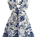RoseSeek Women's Floral Halter Flowy A Line Dress Cut Out Smocked High Waisted Short Vacation Dress Sundresses Blue and White, Medium