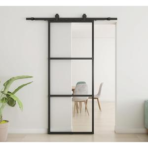 JUBEST 38in x 96in Glass Barn Door, Clear Tempered Glass Carbon Steel Pre Drilled Frame Sliding Barn Door Panel with 6.6FT Hardware Kit and Soft Close, Easy to Install