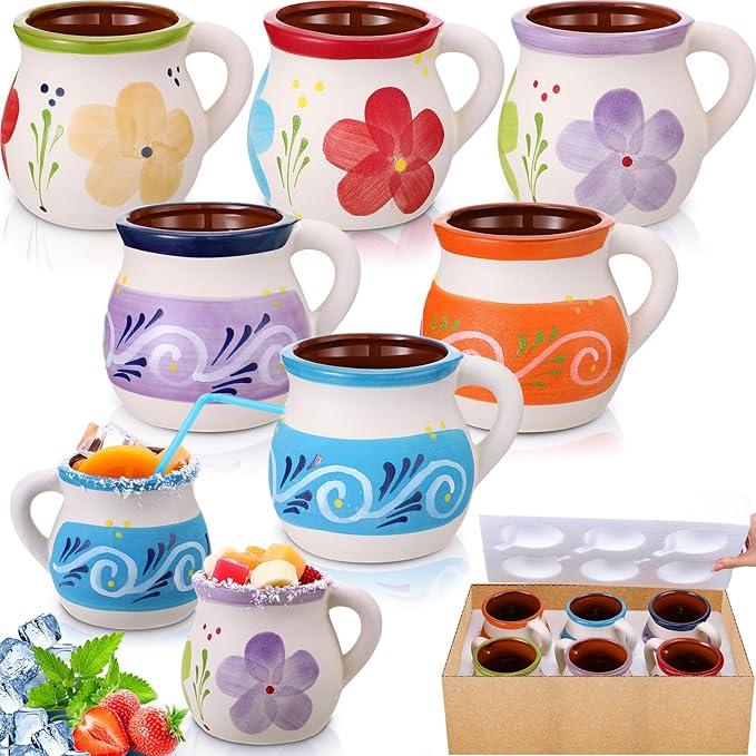 Gejoy Pack of 6 12oz Mexican Terracotta Mugs Clay Cups Artisan Made Coffee Mugs, Cocktail Glasses and Tea Cups for Cold Drinks, Hot Drinks, Decor